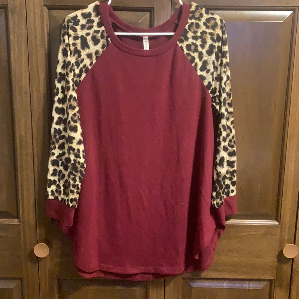 Emerald Maroon Top with Leopard Sleeves